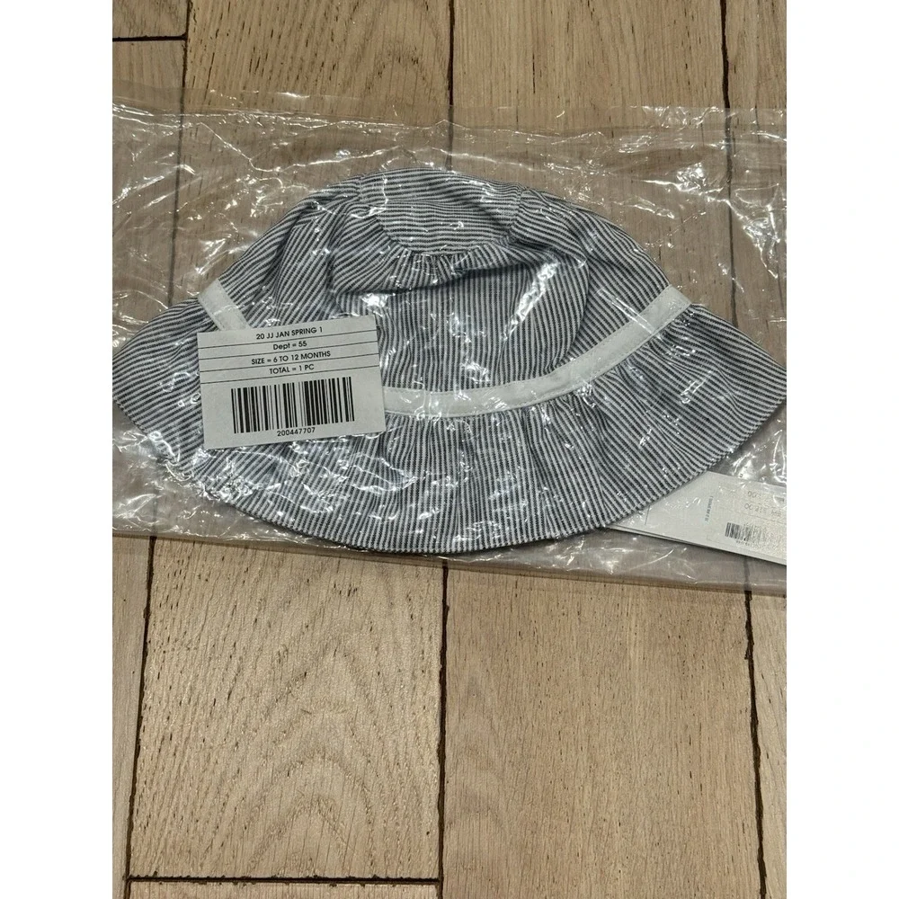 NEW Jack & Janie Bucket Hat‎ Kids 6-12 Months Blue Striped Linen Blend w/Bow